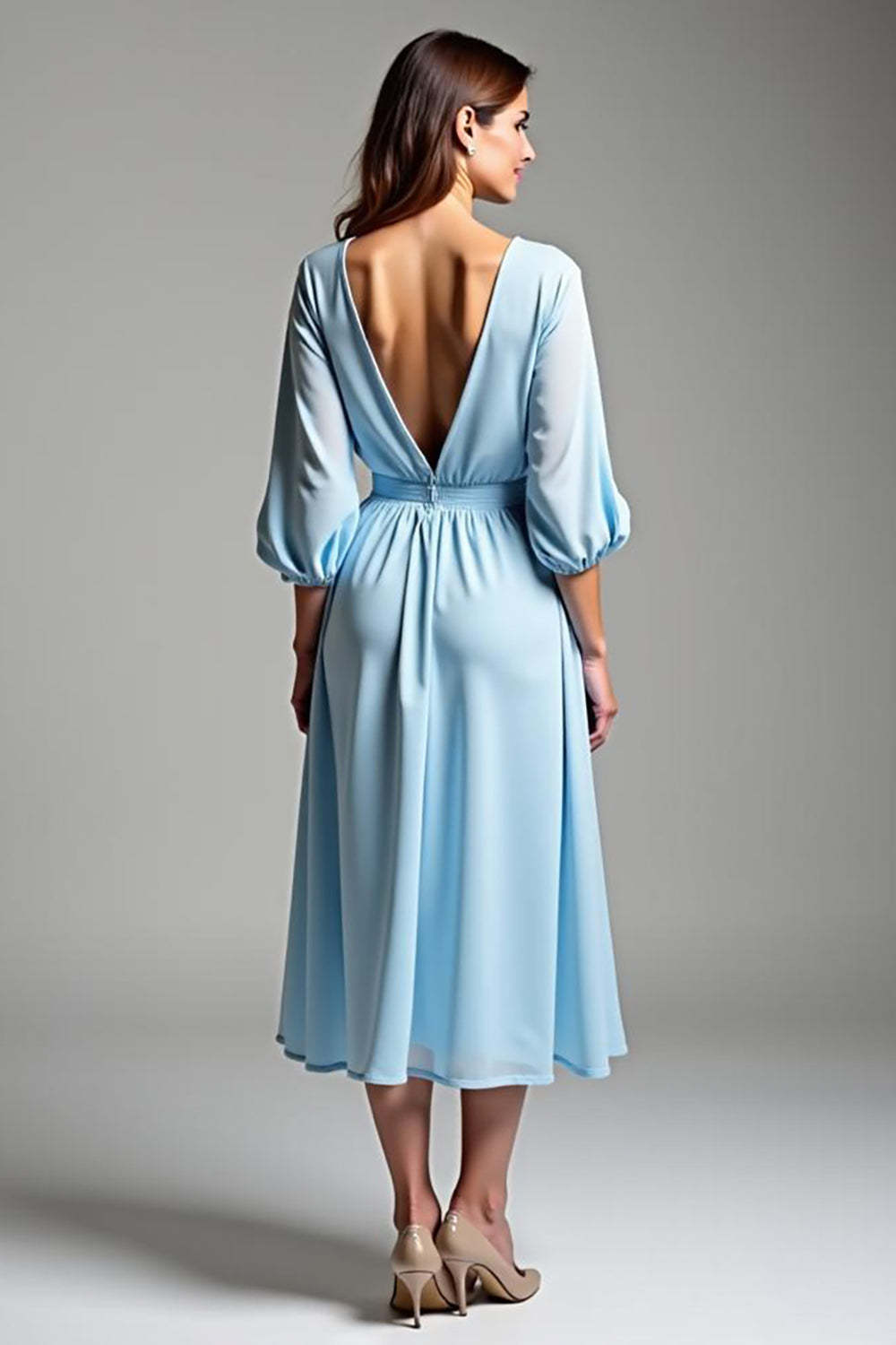 Dressystars Sky Blue Wedding Guest Dress V-Neck Knee-Length Formal Dress With Half Sleeves