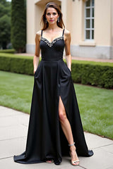 Dressystars Spaghetti Straps A Line Black Wedding Guest Dress Long Formal Dress With Slit