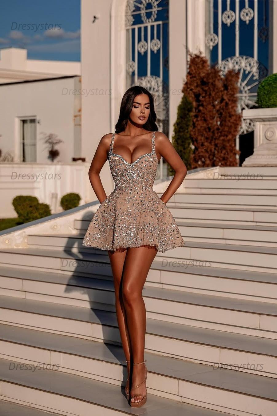 Dressystars Spaghetti Straps A Line Homecoming Dress Beaded Short Cocktail Dress