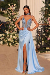 Dressystars Spaghetti Straps Beaded Prom Dress Mermaid Formal Dress with Panel Train