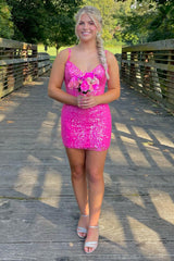 Dressystars Spaghetti Straps Fuchsia Homecoming Dress Tight Short Prom Dress with Lace