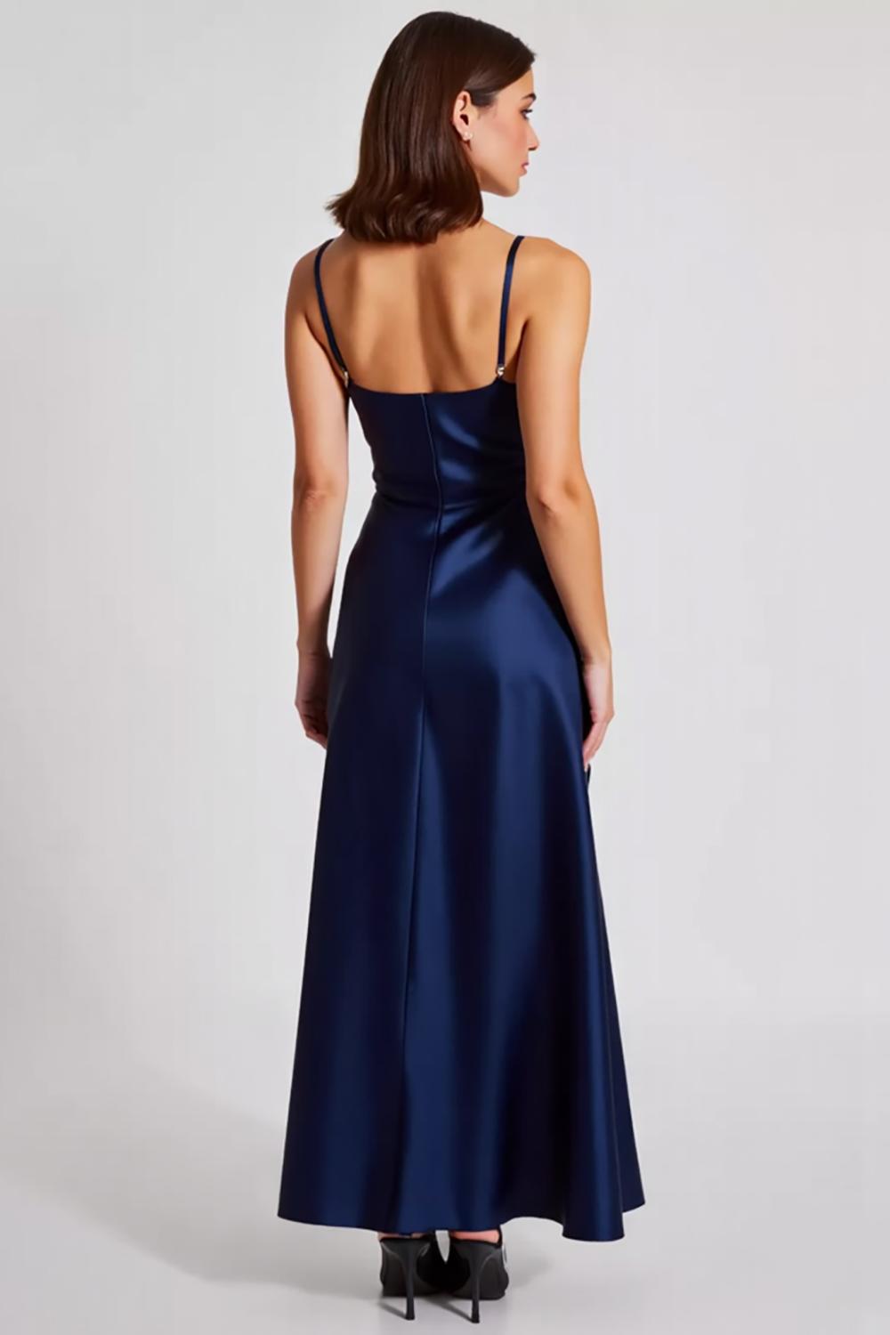 Dressystars Spaghetti Straps Navy Wedding Guest Dress Satin Sheath Long Formal Dress
