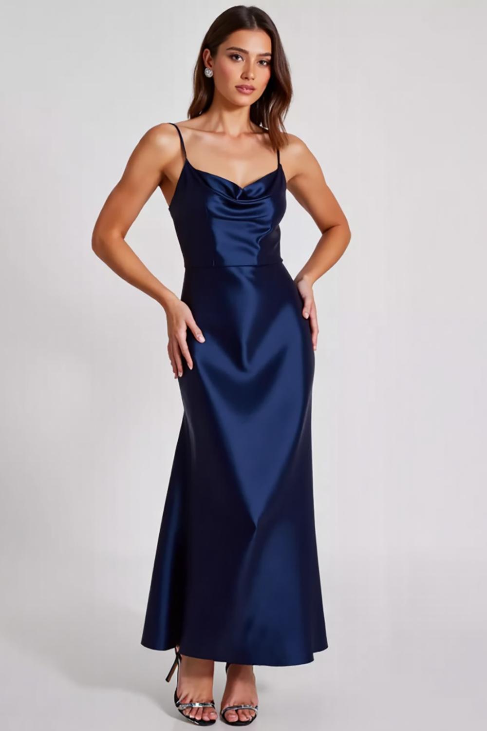 Dressystars Spaghetti Straps Navy Wedding Guest Dress Satin Sheath Long Formal Dress