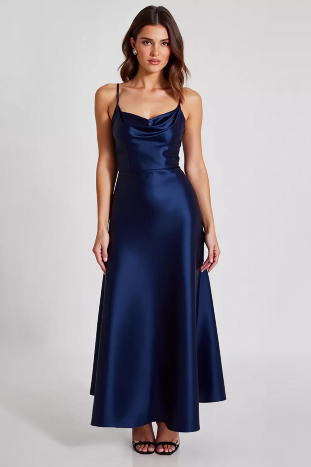 Dressystars Spaghetti Straps Navy Wedding Guest Dress Satin Sheath Long Formal Dress