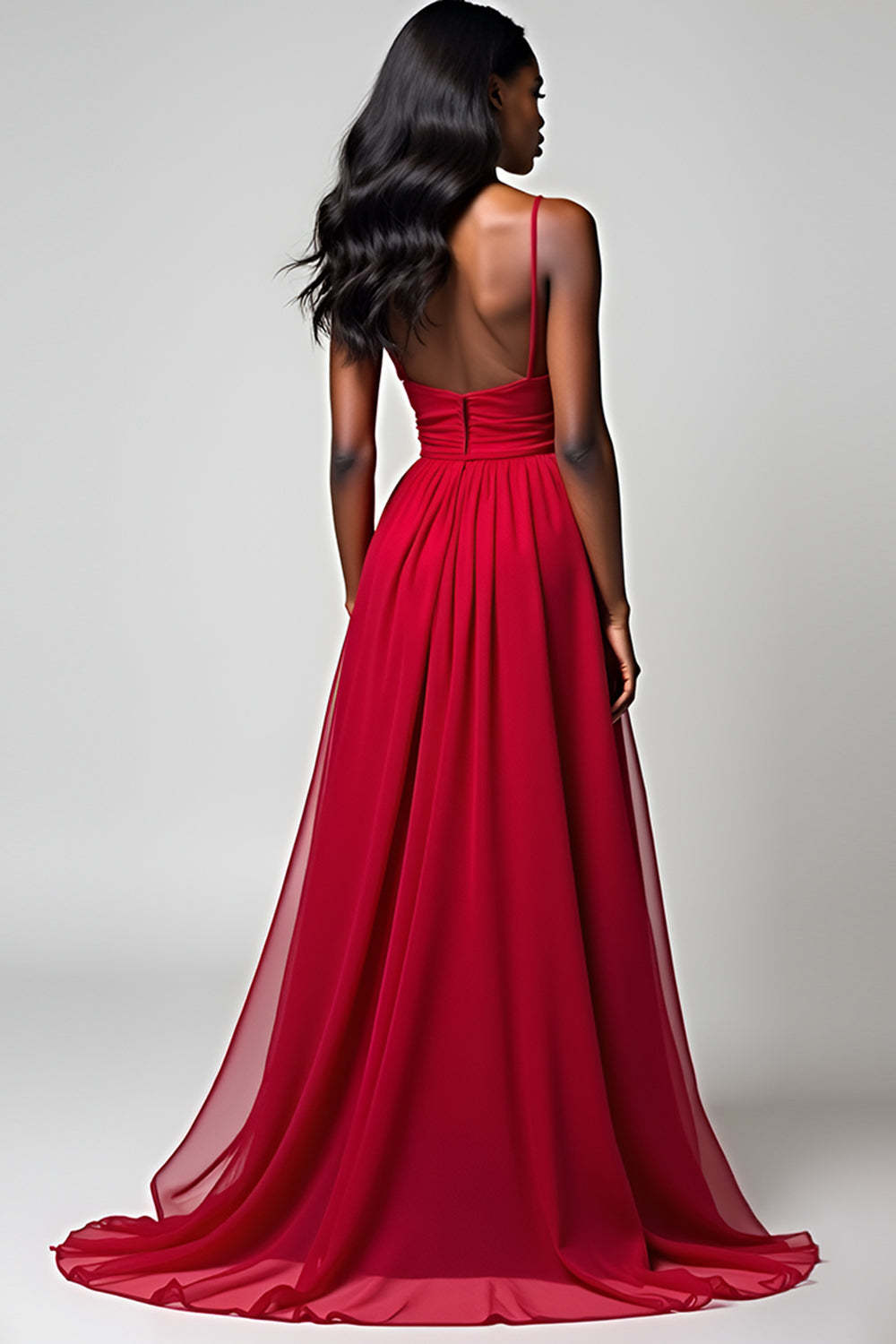 Dressystars Spaghetti Straps Ruched Backless Red Wedding Guest Dress Long Formal Dress