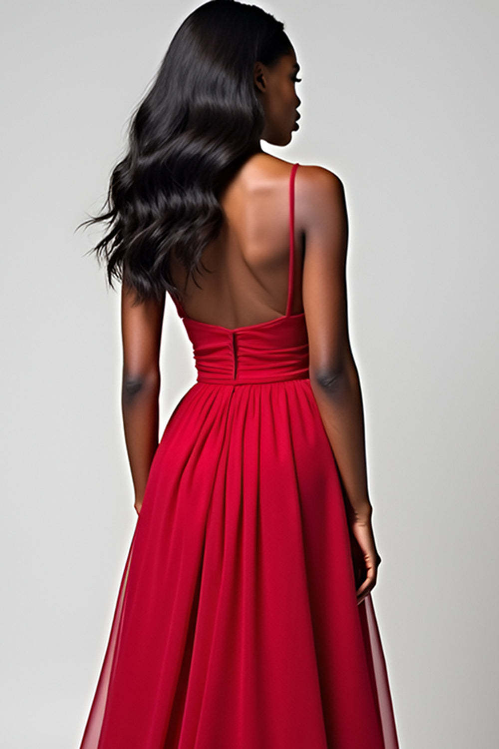 Dressystars Spaghetti Straps Ruched Backless Red Wedding Guest Dress Long Formal Dress