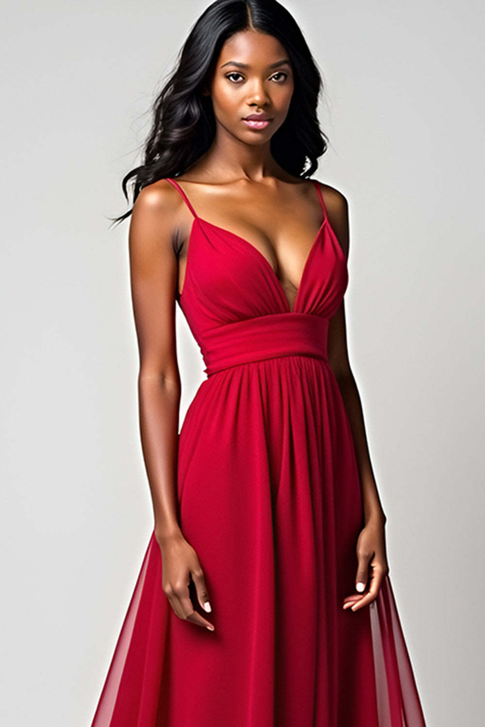 Dressystars Spaghetti Straps Ruched Backless Red Wedding Guest Dress Long Formal Dress