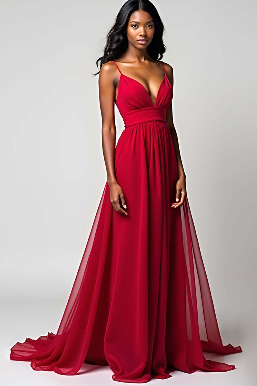 Dressystars Spaghetti Straps Ruched Backless Red Wedding Guest Dress Long Formal Dress