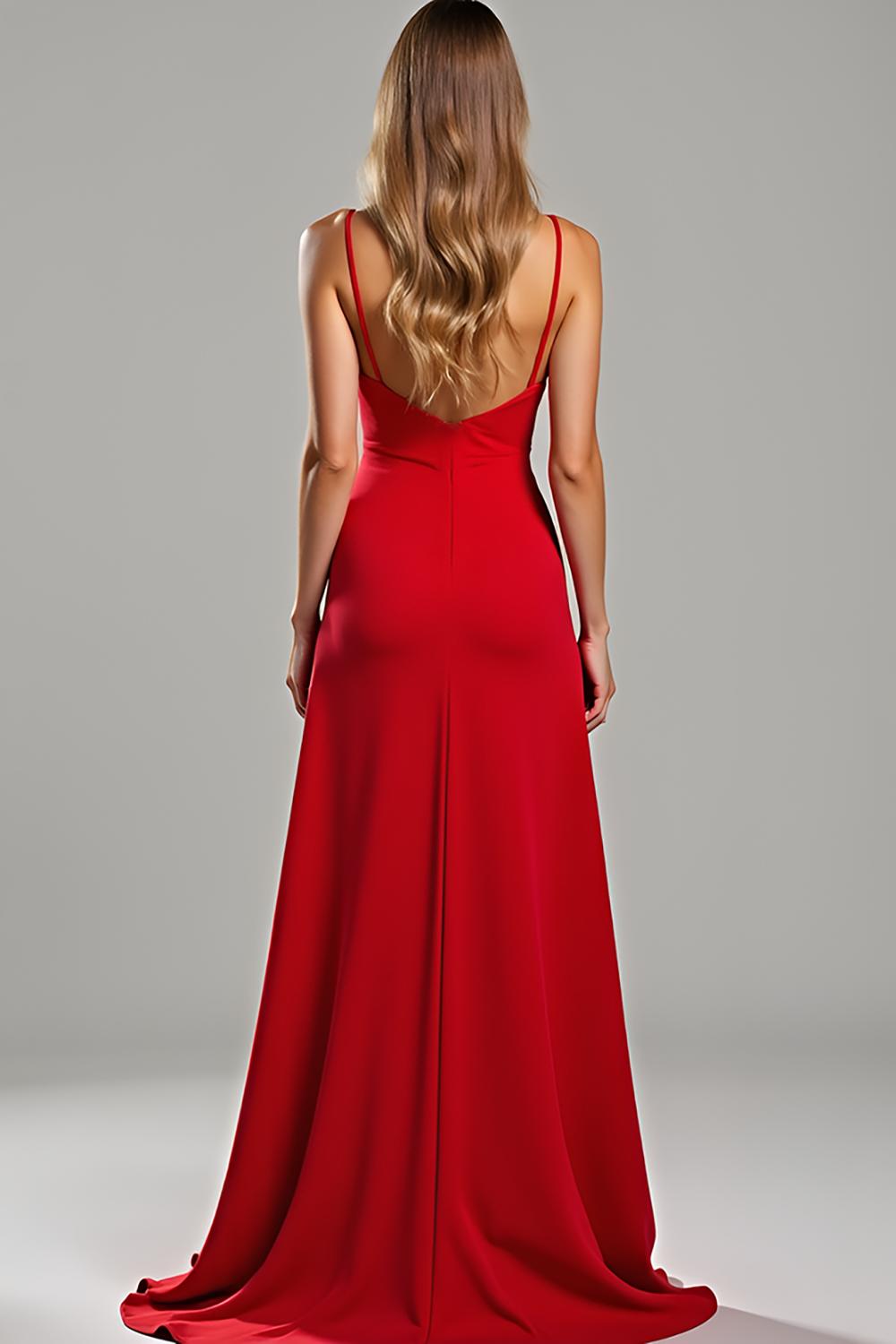 Dressystars Spaghetti Straps Sheath Red Wedding Guest Dress Satin Long Formal Dress