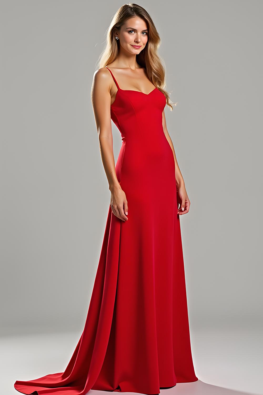 Dressystars Spaghetti Straps Sheath Red Wedding Guest Dress Satin Long Formal Dress