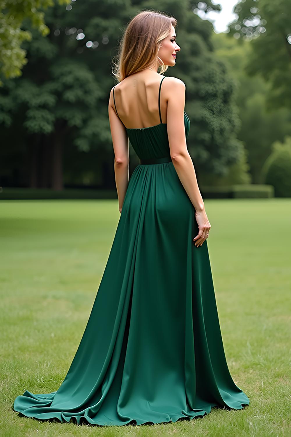 Dressystars Spaghetti Straps Square Neck Dark Green Wedding Guest Dress Long Formal Dress