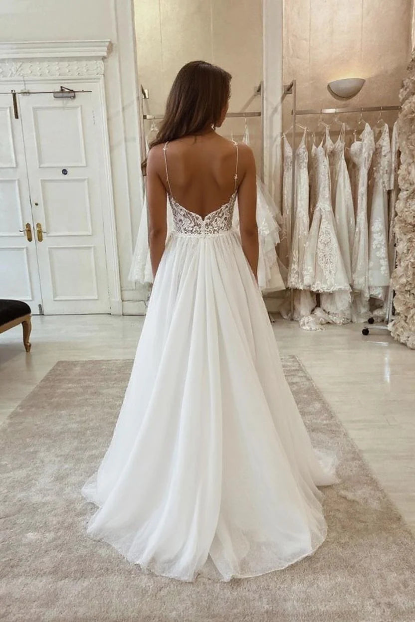 Dressystars Spaghetti Straps Wedding Dress A Line Tulle Bridal Dress with Lace Appliques