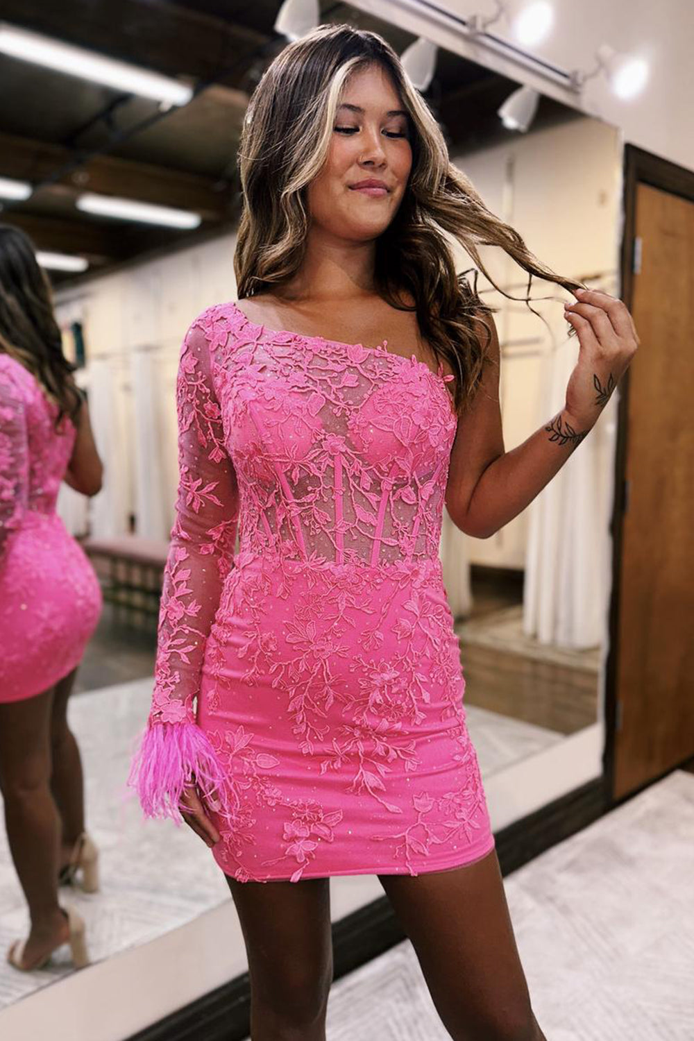 Dressystars Spakly Pink Homecoming Dress One Shoulder Corset Tight Short Lace Prom Dress with Feathers