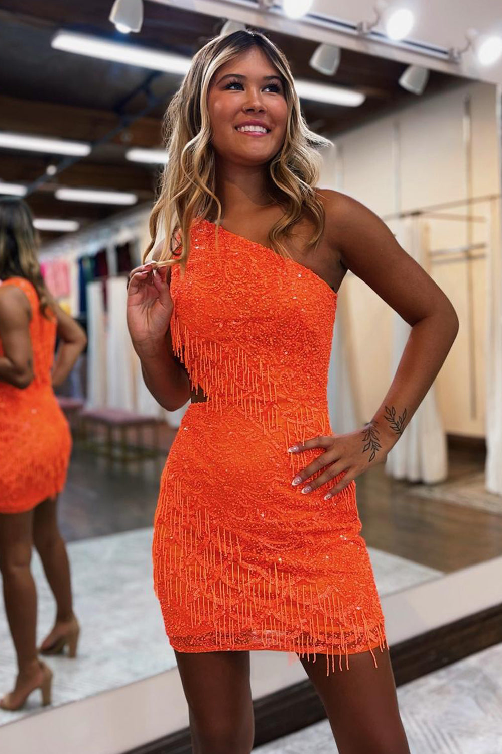 Dressystars Sparkly Orange One Shoulder Short Homecoming Dress