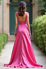 Dressystars Square Neck Satin A Line Fuchsia Wedding Guest Dress Long Prom Dress