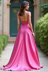 Dressystars Square Neck Satin A Line Fuchsia Wedding Guest Dress Long Prom Dress