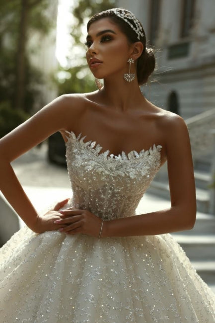 Dressystars Strapless Beaded Ball Gown Lace Up Cathedral Train Bridal Gown With Appliques