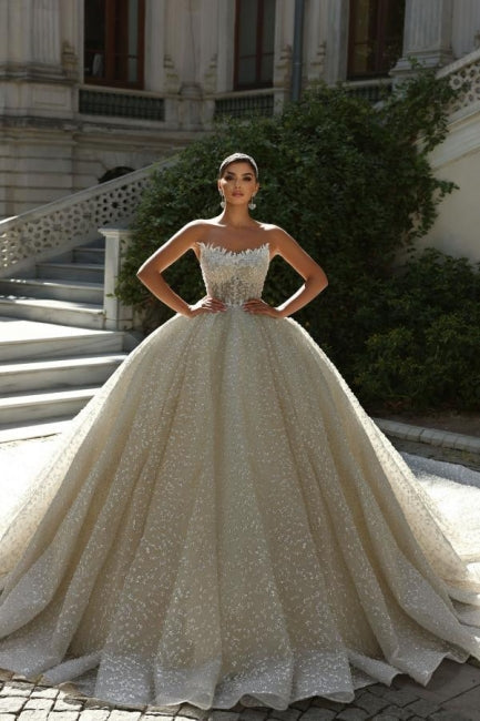 Dressystars Strapless Beaded Ball Gown Lace Up Cathedral Train Bridal Gown With Appliques