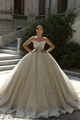 Dressystars Strapless Beaded Ball Gown Lace Up Cathedral Train Bridal Gown With Appliques