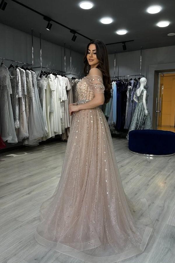 Dressystars Strapless Beaded Formal Dress Off the Shoulder Evening Gown With Detachable Train