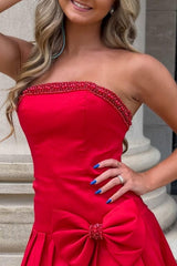 Dressystars Strapless Beaded Red Short Homecoming Dress with Bow