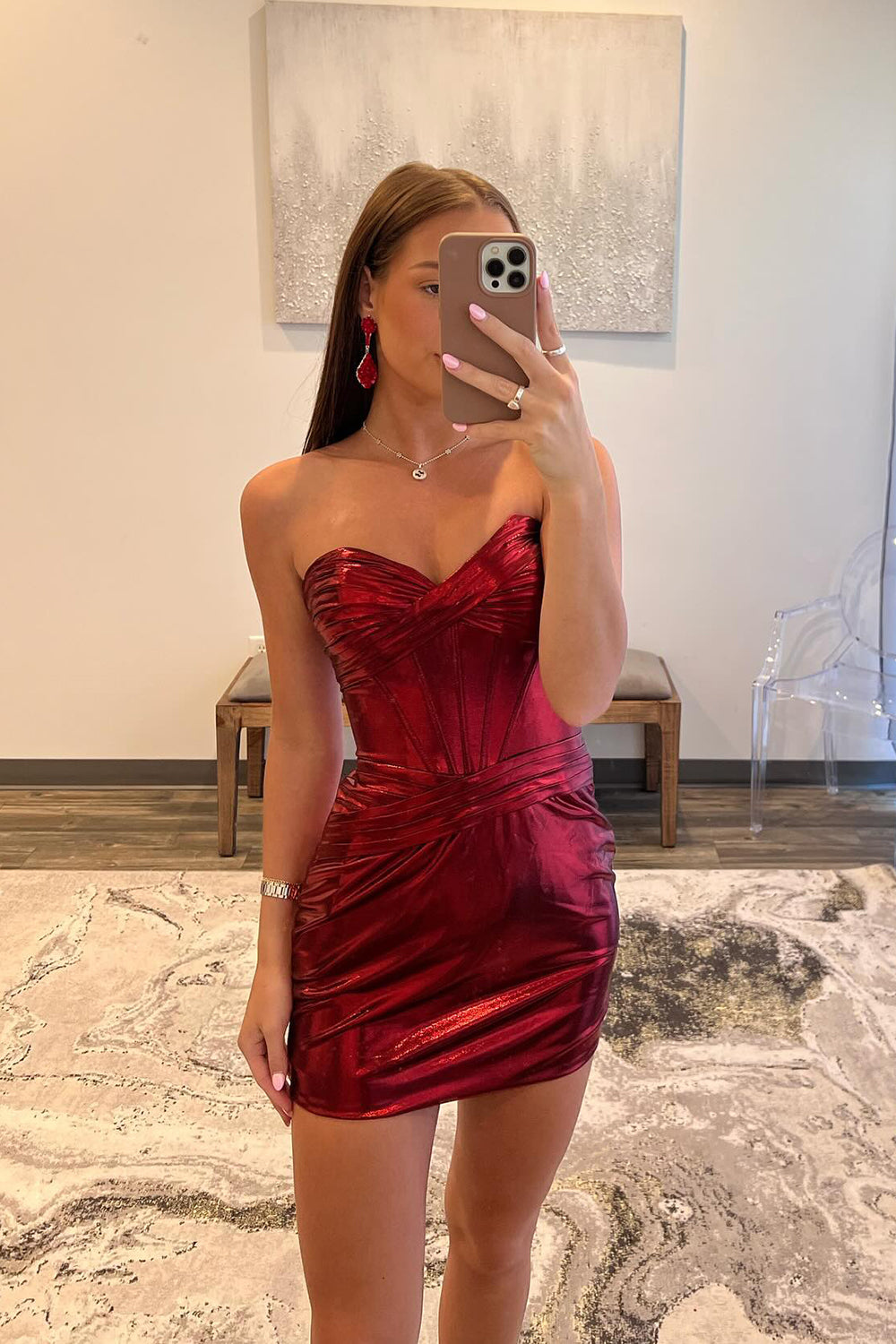 Dressystars Strapless Burgundy Homecoming Dress Satin Corset Tight Short Prom Dress