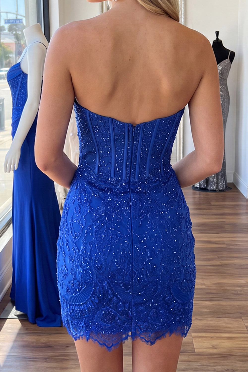 Dressystars Strapless Corset Sequin Lace Bodycon Mini Homecoming Dress