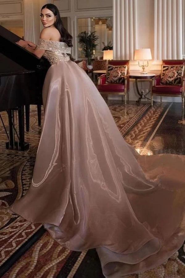 Dressystars Strapless Formal Dress Beaded Tulle Organza Prom Dress with Panel Train