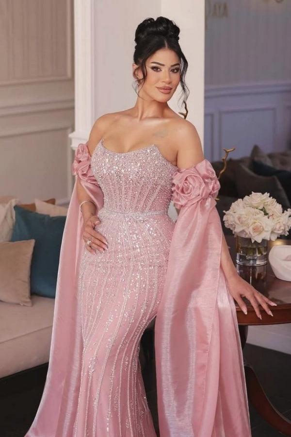 Dressystars Strapless Formal Dress Pink Sheath/Column Beaded Prom Evening Gown