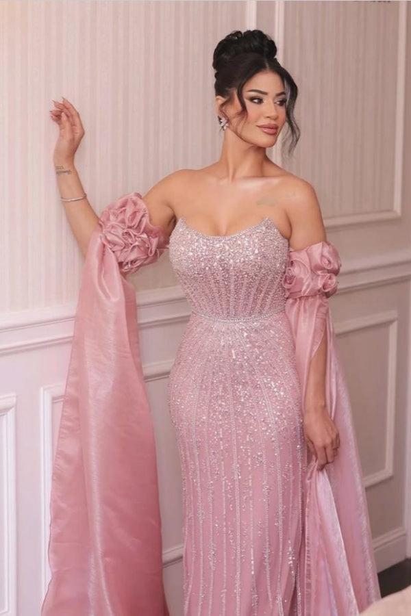 Dressystars Strapless Formal Dress Pink Sheath/Column Beaded Prom Evening Gown