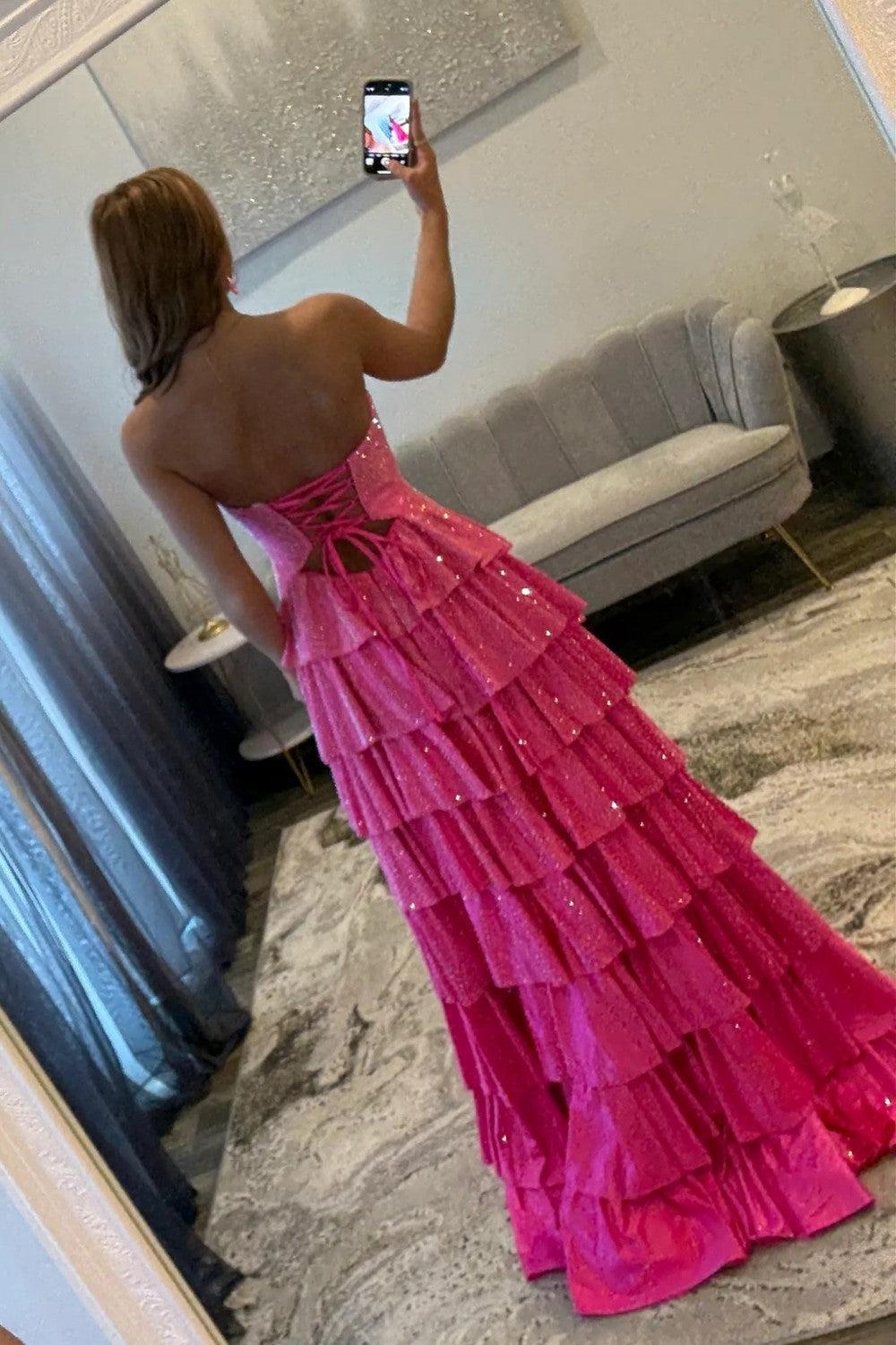 Dressystars Strapless Hot A-Line Prom Dress With Keyhole Bodice Ruffle Skirt Slit And Lace Up Back Formal Evening Gown