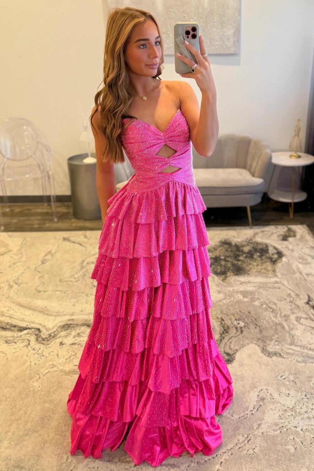 Dressystars Strapless Hot A-Line Prom Dress With Keyhole Bodice Ruffle Skirt Slit And Lace Up Back Formal Evening Gown