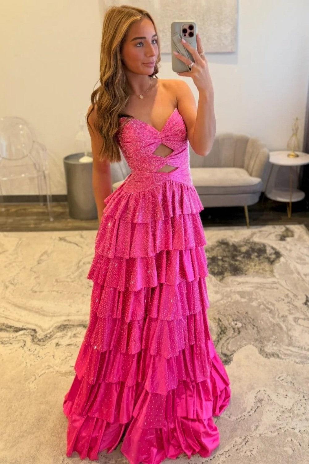 Dressystars Strapless Hot A-Line Prom Dress With Keyhole Bodice Ruffle Skirt Slit And Lace Up Back Formal Evening Gown