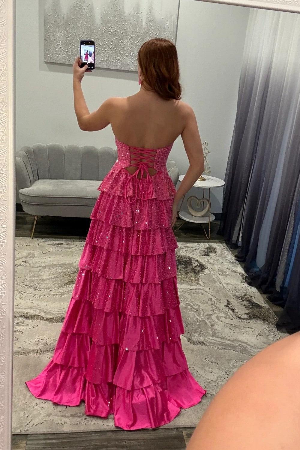 Dressystars Strapless Hot A-Line Prom Dress With Keyhole Bodice Ruffle Skirt Slit And Lace Up Back Formal Evening Gown