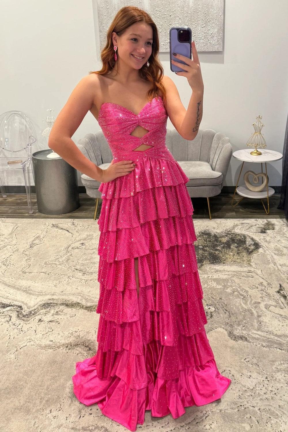 Dressystars Strapless Hot A-Line Prom Dress With Keyhole Bodice Ruffle Skirt Slit And Lace Up Back Formal Evening Gown