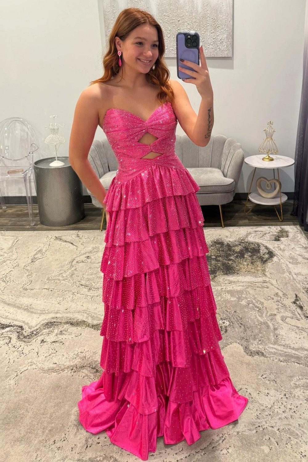 Dressystars Strapless Hot A-Line Prom Dress With Keyhole Bodice Ruffle Skirt Slit And Lace Up Back Formal Evening Gown