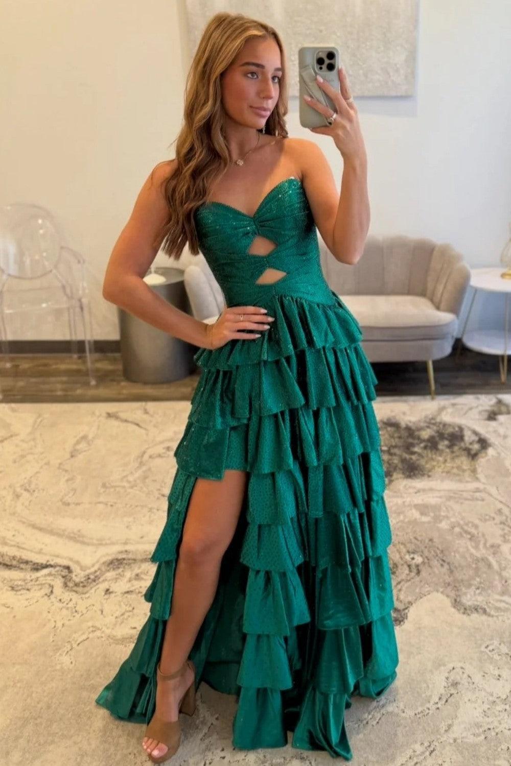 Dressystars Strapless Hot A-Line Prom Dress With Keyhole Bodice Ruffle Skirt Slit And Lace Up Back Formal Evening Gown