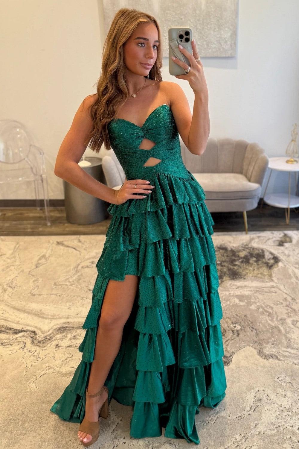 Dressystars Strapless Hot A-Line Prom Dress With Keyhole Bodice Ruffle Skirt Slit And Lace Up Back Formal Evening Gown