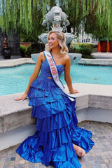 Dressystars Strapless Hot A-Line Prom Dress With Keyhole Bodice Ruffle Skirt Slit And Lace Up Back Formal Evening Gown