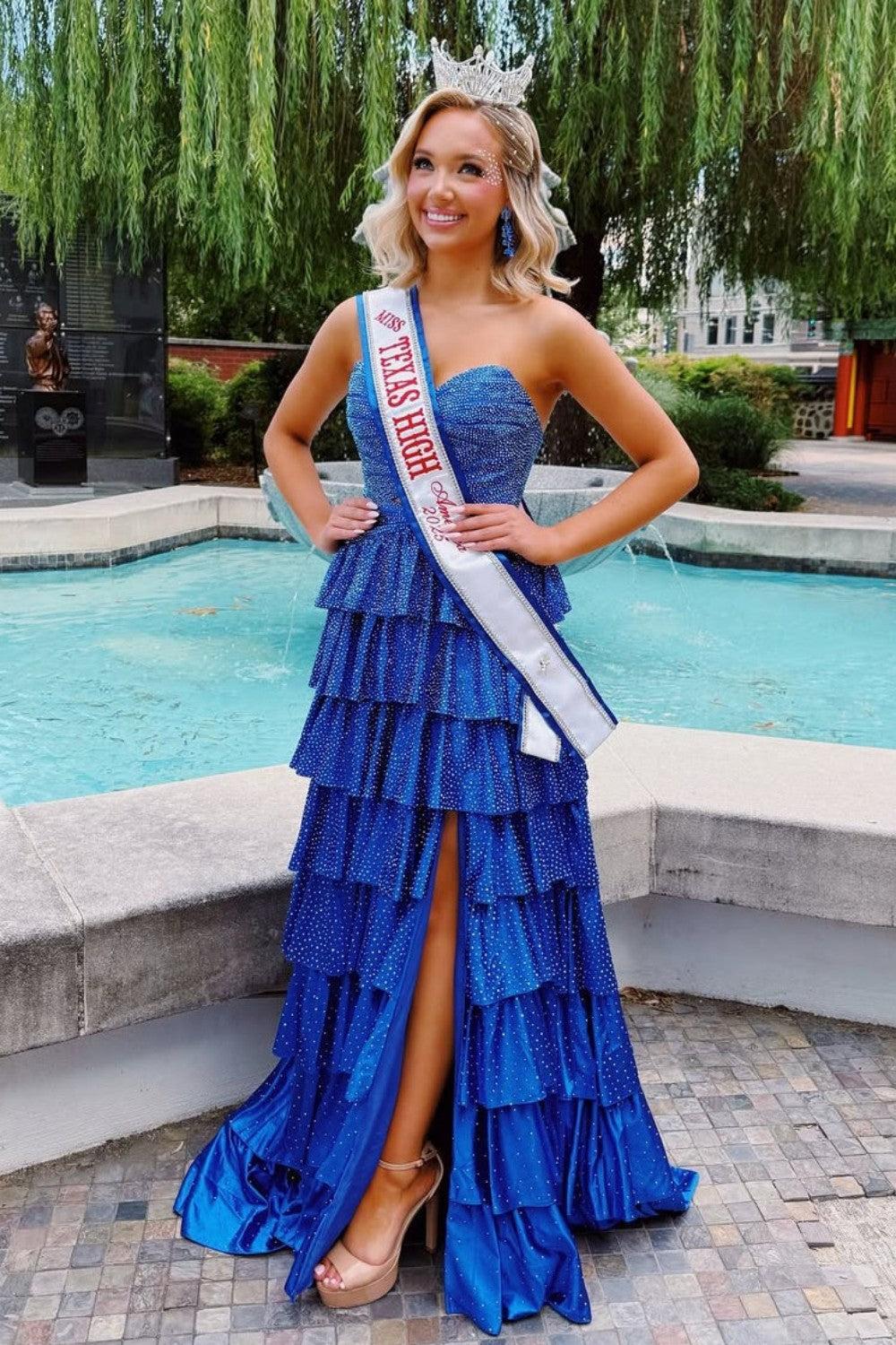 Dressystars Strapless Hot A-Line Prom Dress With Keyhole Bodice Ruffle Skirt Slit And Lace Up Back Formal Evening Gown
