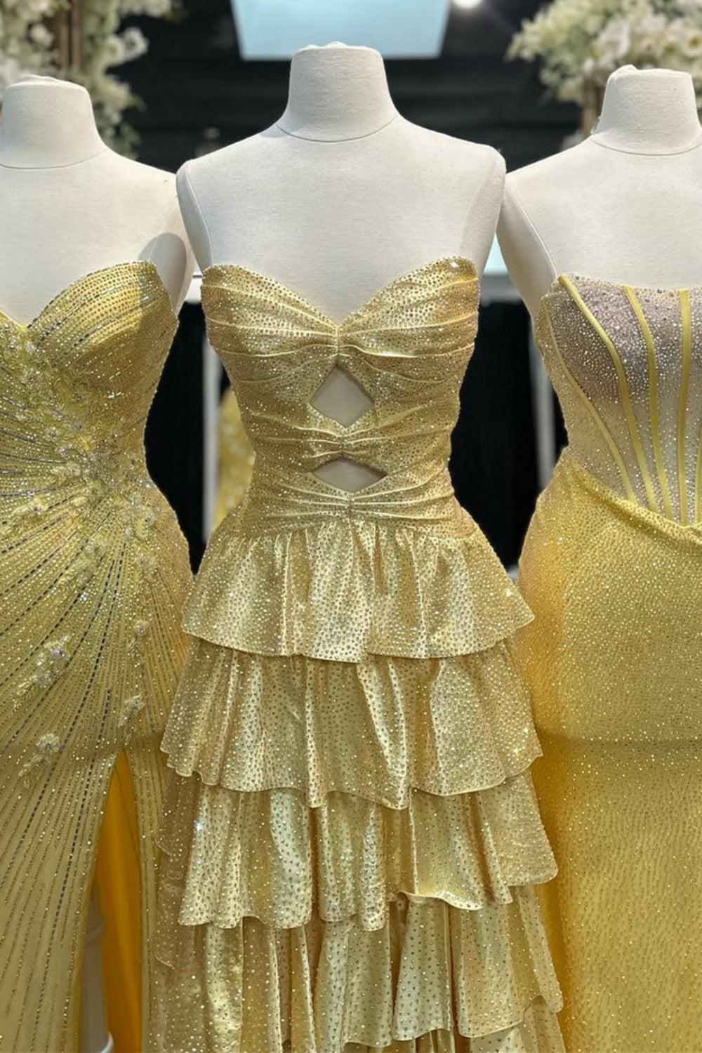 Dressystars Strapless Hot A-Line Prom Dress With Keyhole Bodice Ruffle Skirt Slit And Lace Up Back Formal Evening Gown