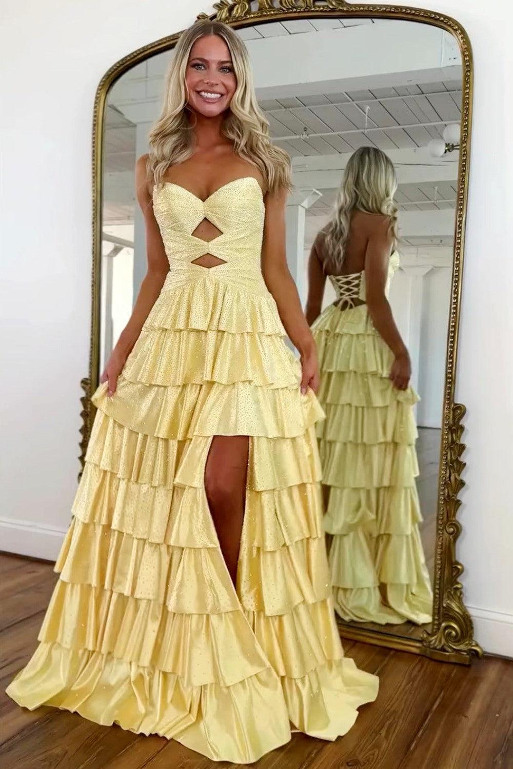 Dressystars Strapless Hot A-Line Prom Dress With Keyhole Bodice Ruffle Skirt Slit And Lace Up Back Formal Evening Gown