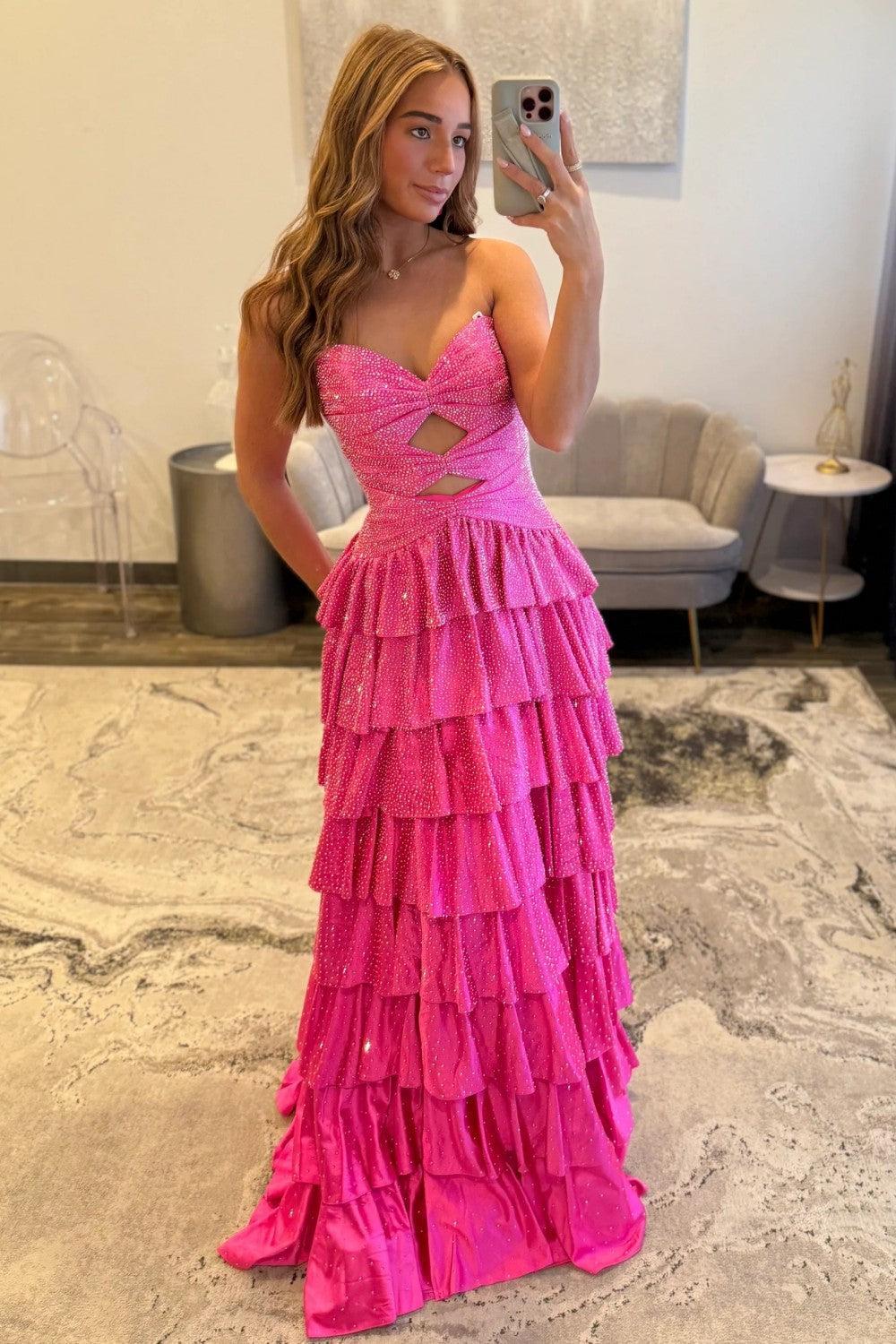 Dressystars Strapless Hot A-Line Prom Dress With Keyhole Bodice Ruffle Skirt Slit And Lace Up Back Formal Evening Gown