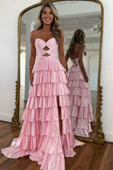 Dressystars Strapless Hot A-Line Prom Dress With Keyhole Bodice Ruffle Skirt Slit And Lace Up Back Formal Evening Gown