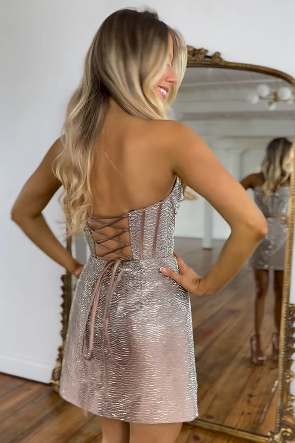 Dressystars Strapless Rose Golden Homecoming Dress Tight Corset Short Prom Dress