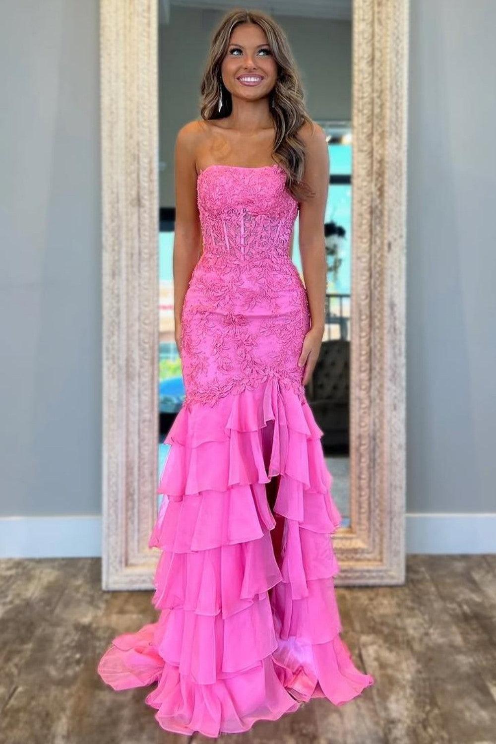Dressystars Stunning Mermaid Strapless Zipper Back Lace Corset Prom Dress With Ruffle Skirt Formal Evening Gown
