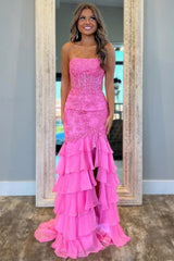 Dressystars Stunning Mermaid Strapless Zipper Back Lace Corset Prom Dress With Ruffle Skirt Formal Evening Gown