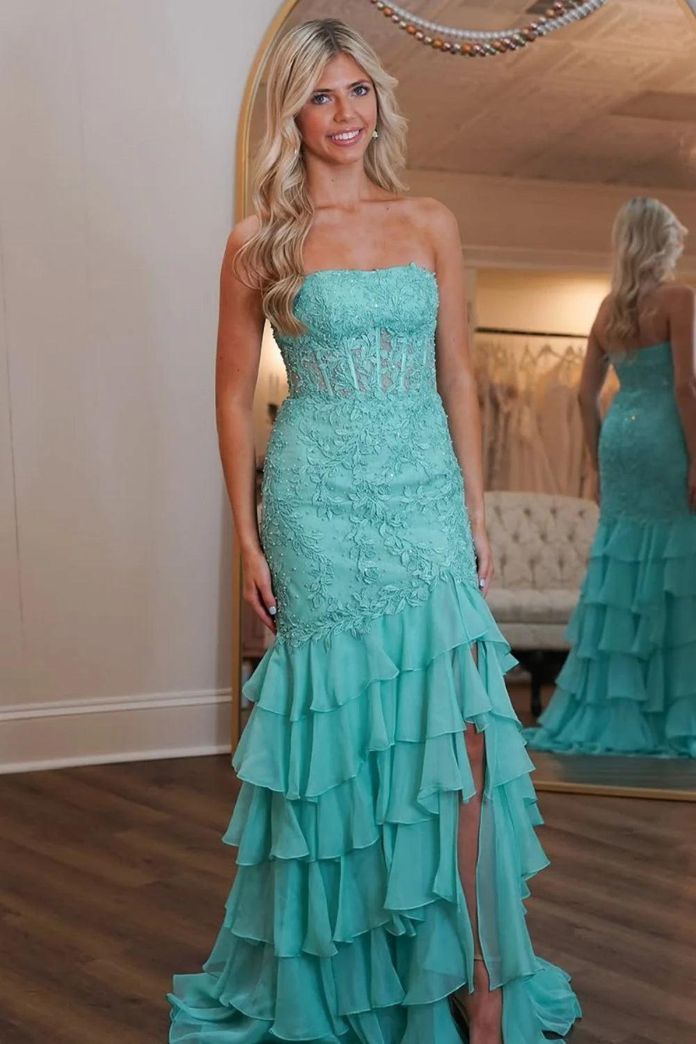 Dressystars Stunning Mermaid Strapless Zipper Back Lace Corset Prom Dress With Ruffle Skirt Formal Evening Gown