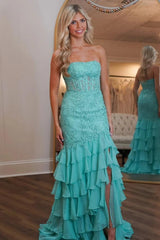Dressystars Stunning Mermaid Strapless Zipper Back Lace Corset Prom Dress With Ruffle Skirt Formal Evening Gown