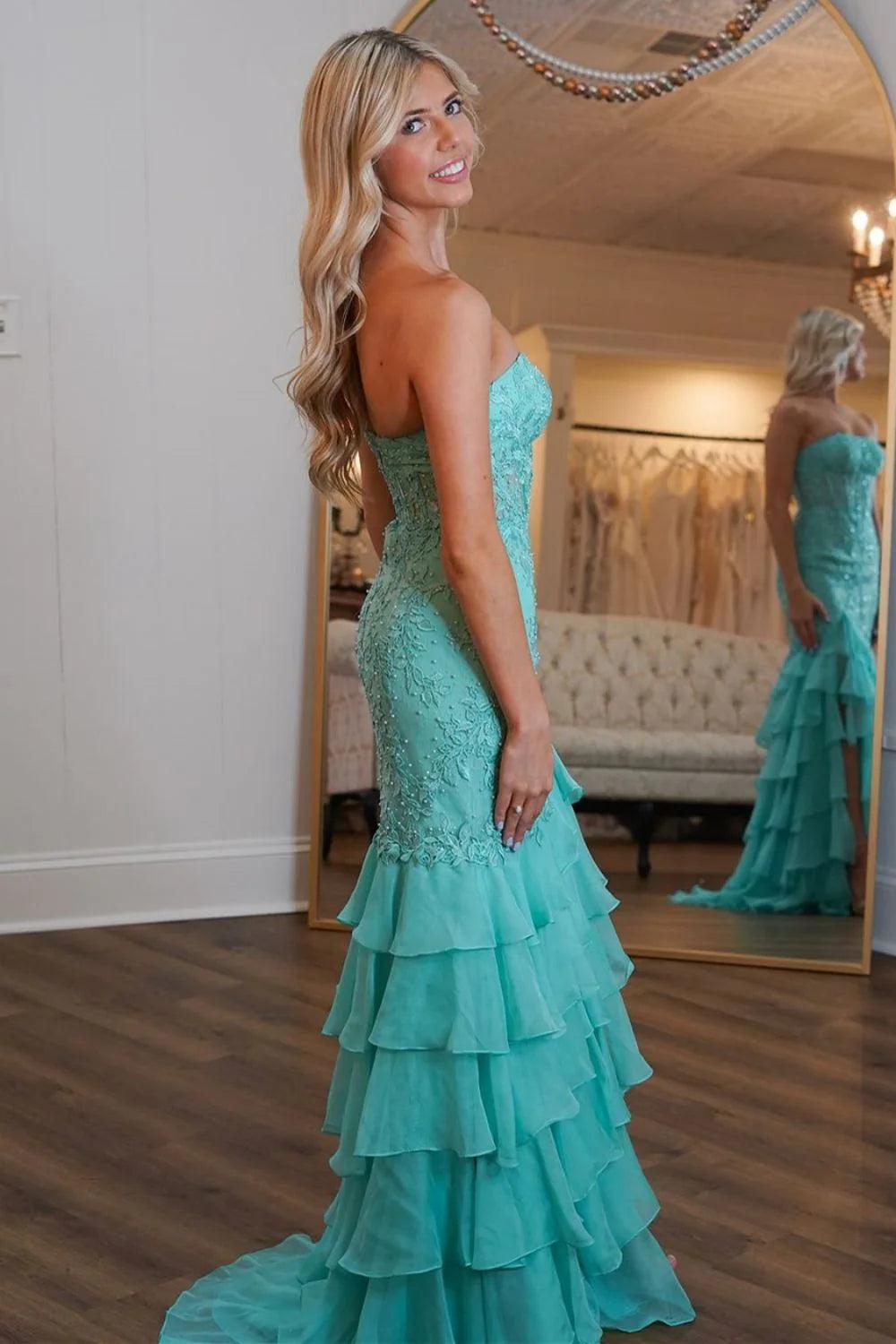 Dressystars Stunning Mermaid Strapless Zipper Back Lace Corset Prom Dress With Ruffle Skirt Formal Evening Gown
